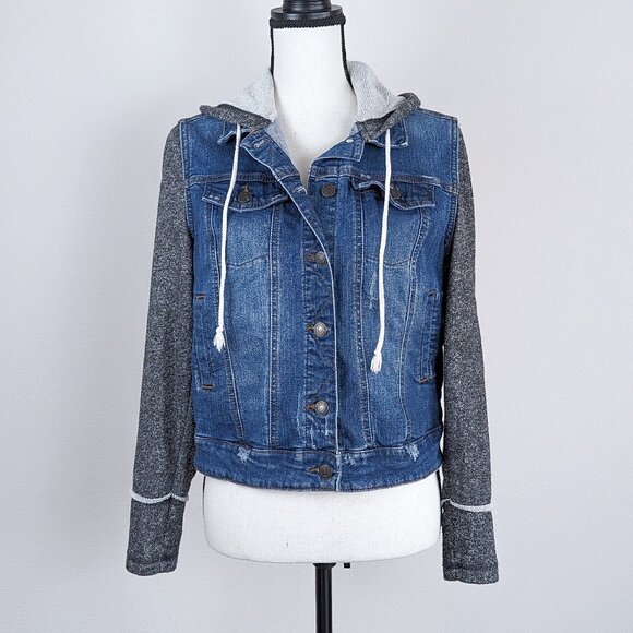 Mossimo Jean Jacket Distressed Denim Hooded Button Colorblock Women's Medium - Picture 2 of 10
